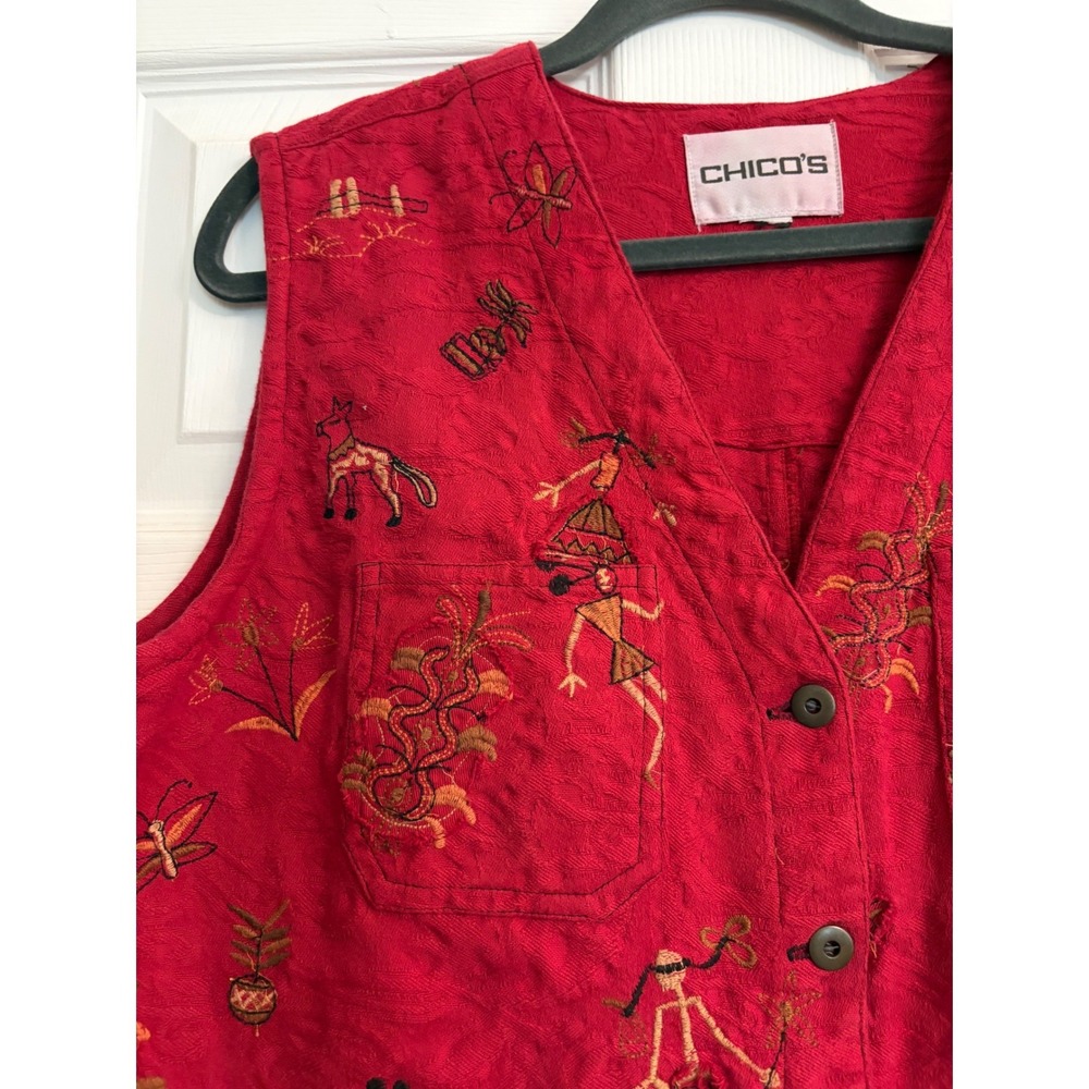 Chico's Vest M Red Boho, Art, Global, Elephant, Embroidered, Ethnic, Eclectic